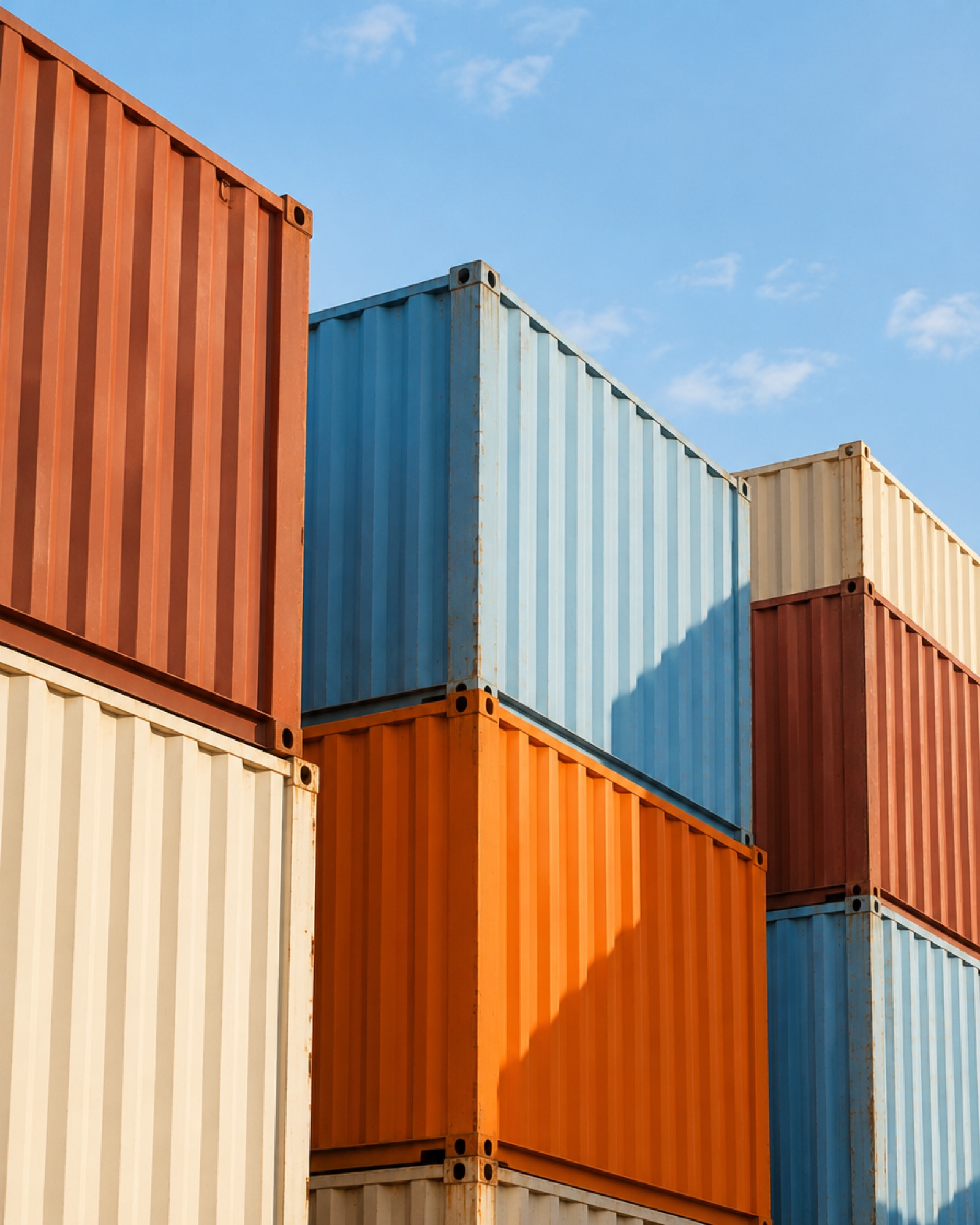 Stacked shipping containers in rust, cream, pale blue and orange under a clear morning sky