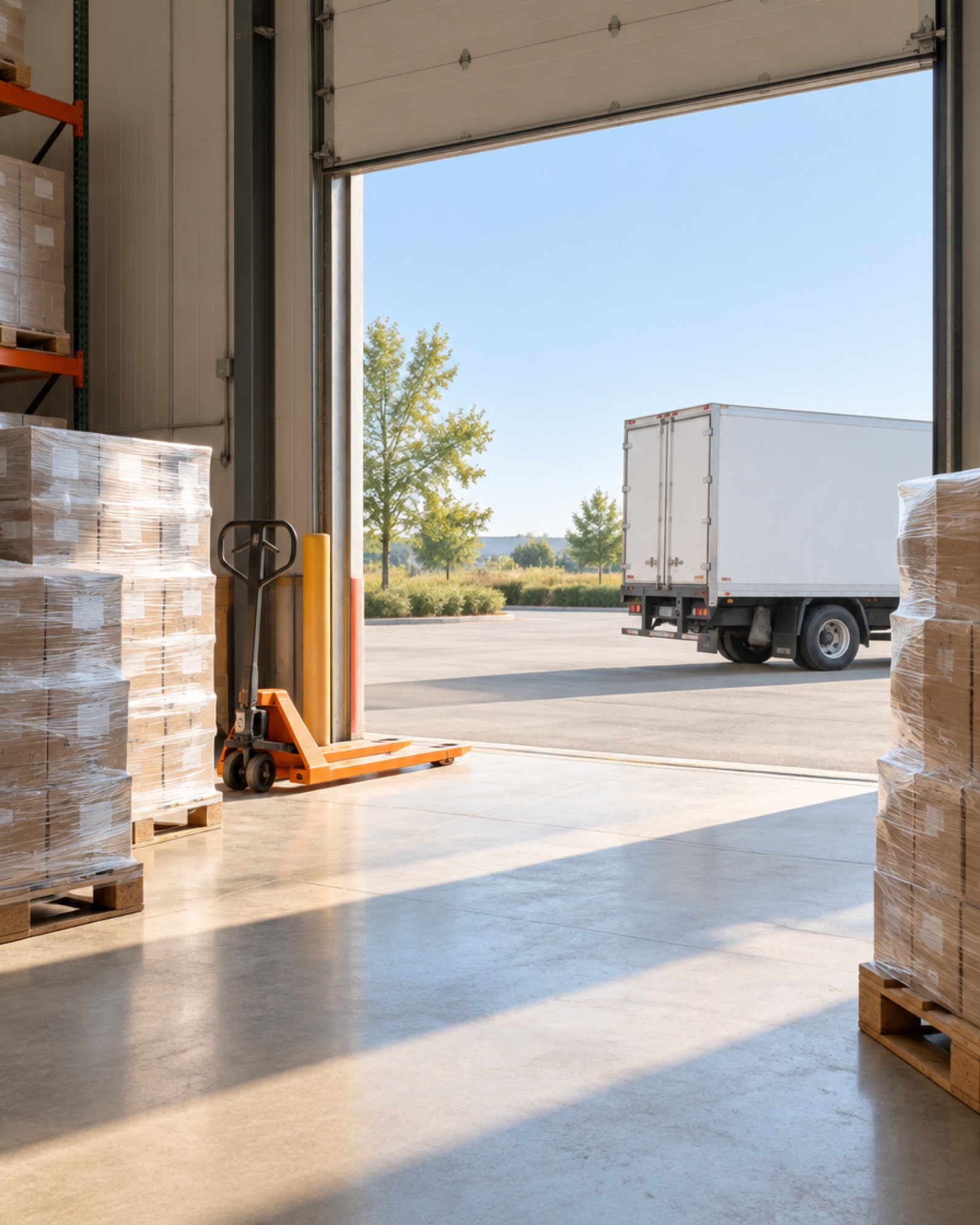 An open loading dock door on a sunny morning, wrapped pallets and an orange pallet jack inside, a white truck outside