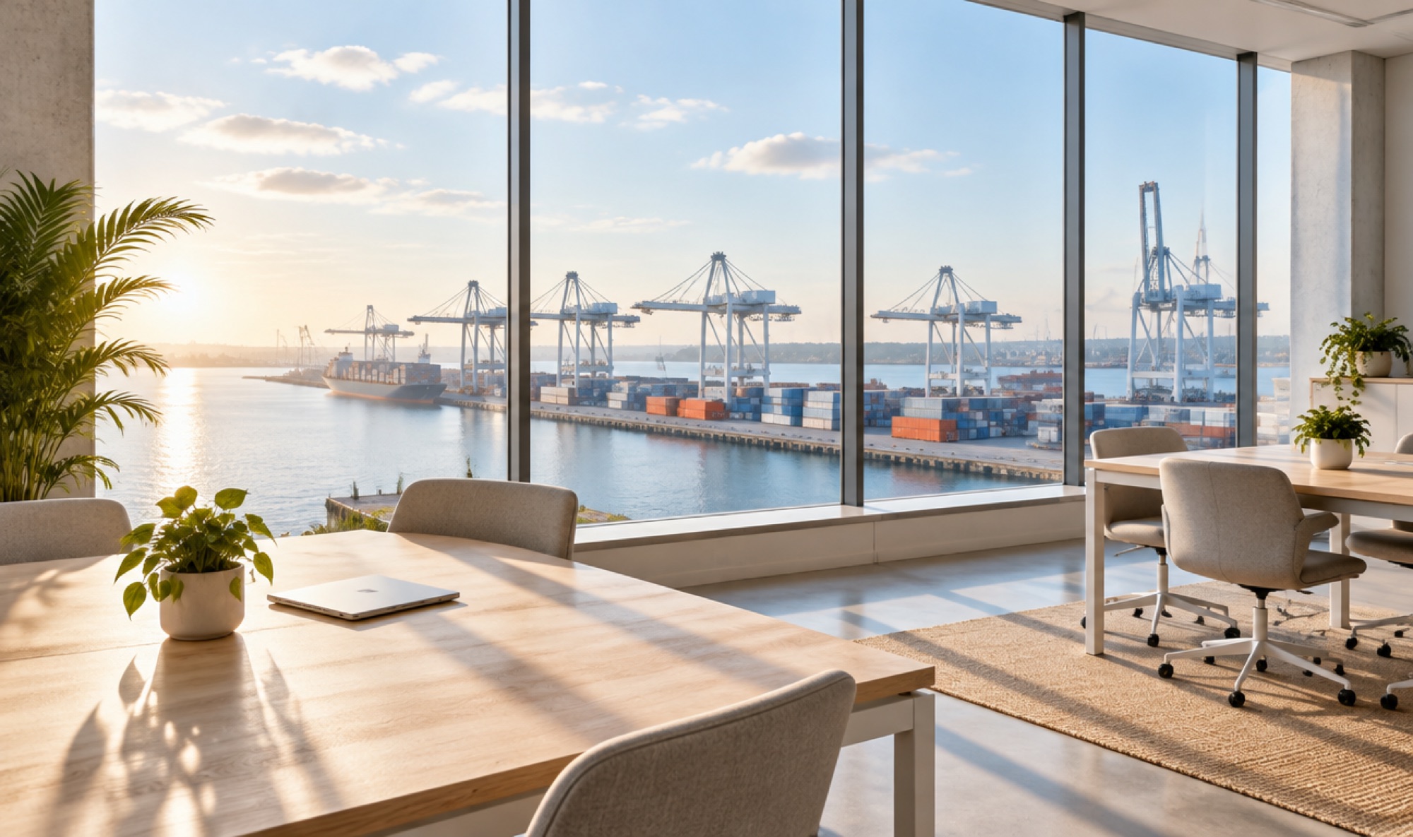 A sunlit office with tall windows looking out over a container port in the morning
