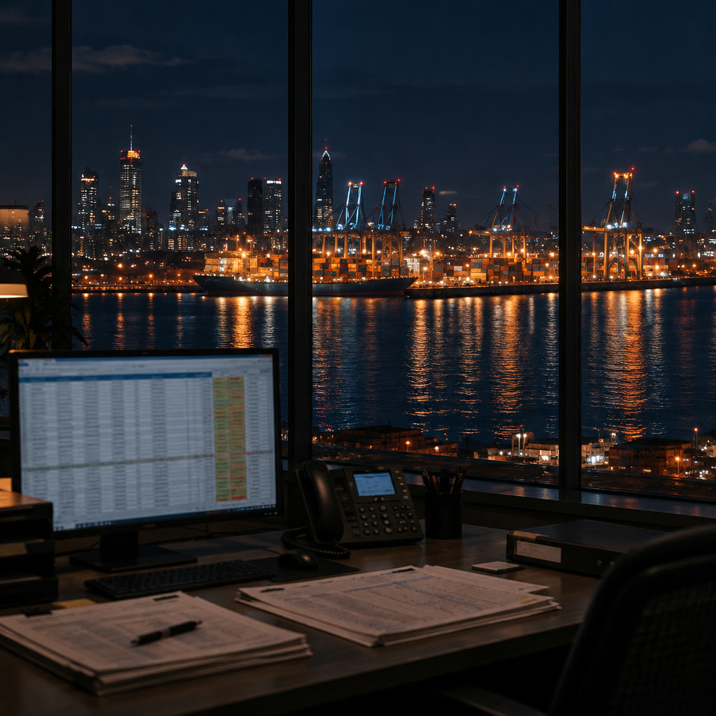 An empty planner's desk at night by a tall window, the city skyline and a lit container port across the water