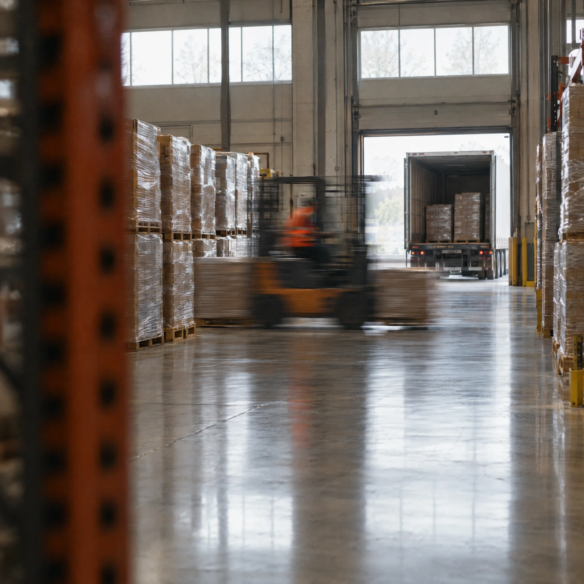 Wrapped pallets waiting on a warehouse floor beside a forklift