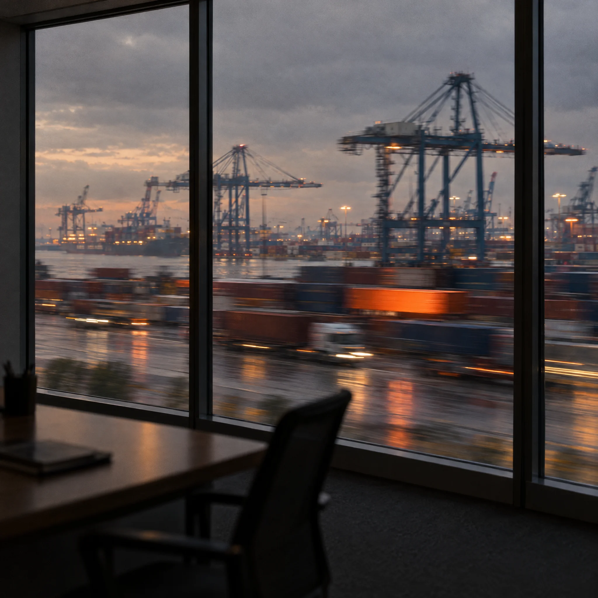 An empty port office looking out over container cranes