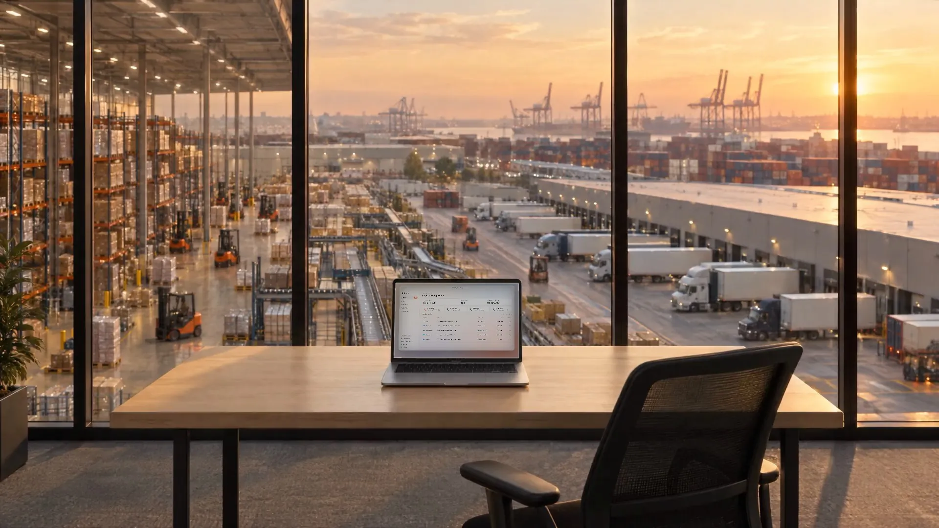 A laptop on a desk in an office overlooking a warehouse, truck docks and a container port at sunset